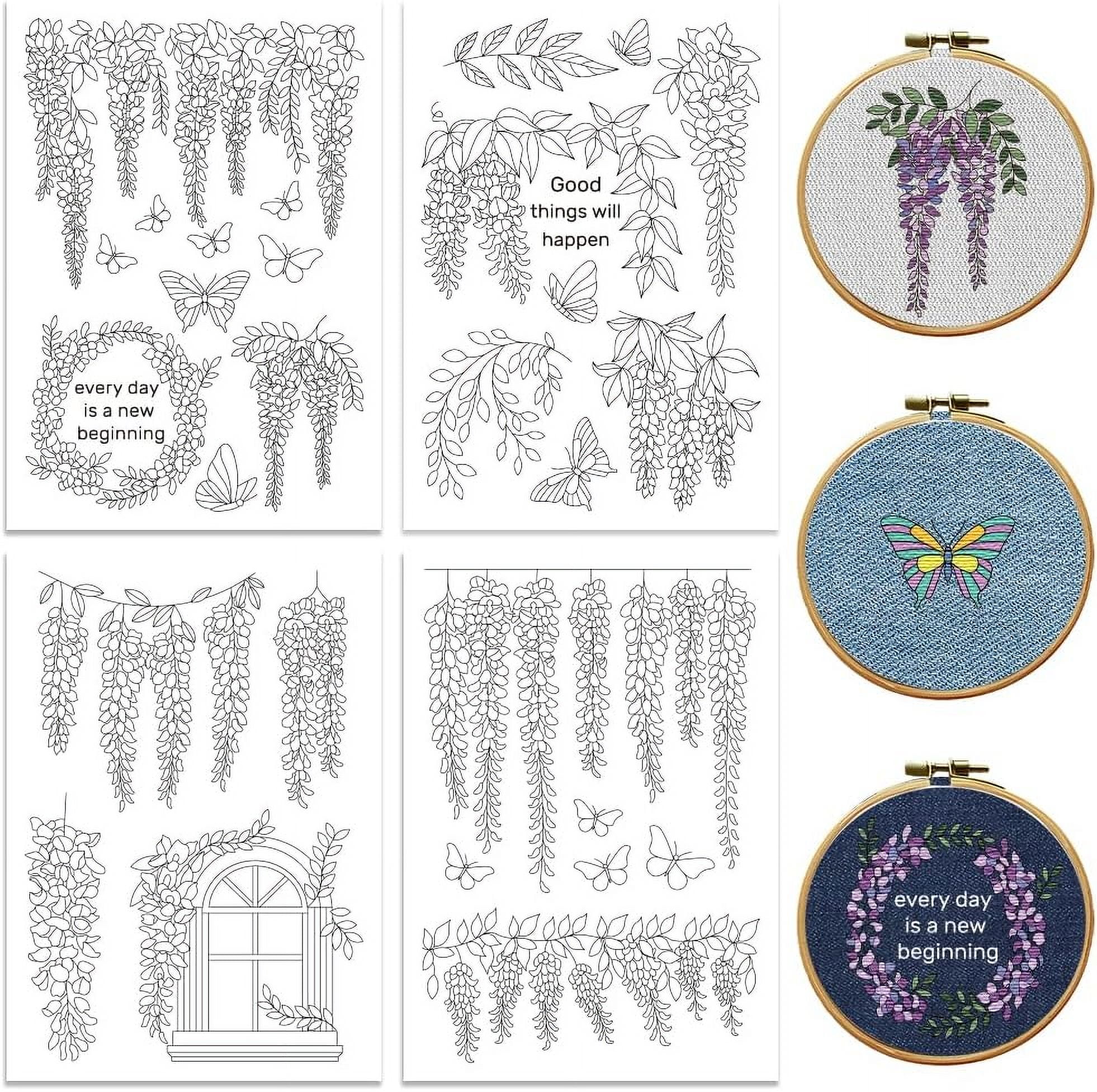 Water Soluble Embroidery Patterns for Beginners Wisteria Vines and  Butterflies 4 Sheets with 19pcs Wash Away Stick and Stitch Embroidery  Pattern ..., image size:1962x1954