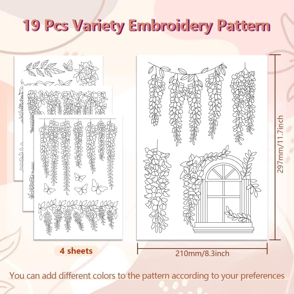 Water Soluble Embroidery Patterns for Beginners Wisteria Vines and  Butterflies 4 Sheets with 19pcs Wash Away Stick and Stitch Embroidery  Pattern ..., image size:1001x1001