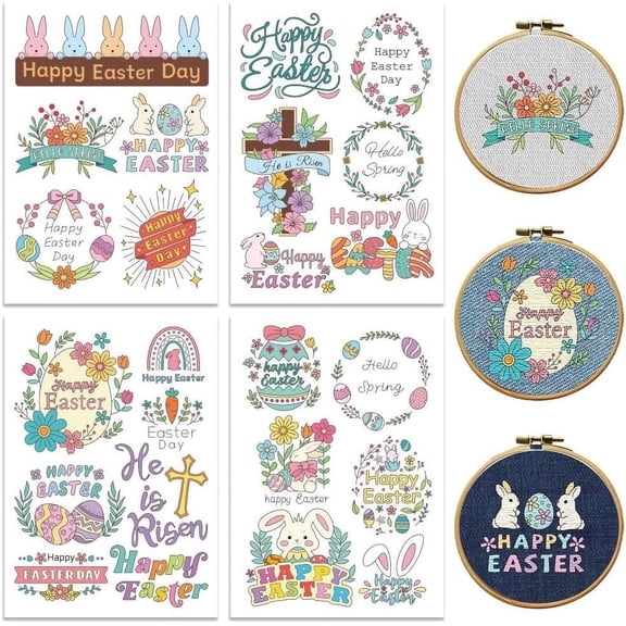 Water Soluble Embroidery Patterns with Color for DIY Beginners Easter Blessing 4 Sheets with 24pcs Wash Away Embroidery Pattern Stabilizer for DIY Hand Sewing Women Adults
