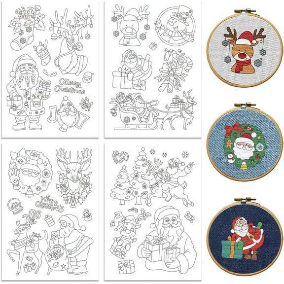 Water Soluble Embroidery Patterns for DIY Beginners Santa Claus Reindeer 4 Sheets with 27pcs for DIY Christmas Xmas Wash Away Embroidery Pattern Stabilizer for DIY Hand Sewing Lover Women Adults