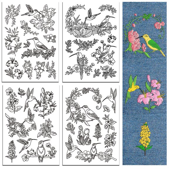 Water Soluble Embroidery Patterns for Beginners 4 Sheets with 36pcs Hummingbird and Flowers Patterns Wash Away Embroidery Pattern Stabilizer