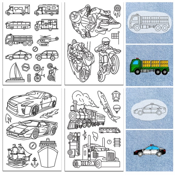 Water Soluble Embroidery Patterns for Beginners 4 Sheets with 38 Transportation Vehicle Patterns Racing Motorcycle Wash Away Embroidery Pattern