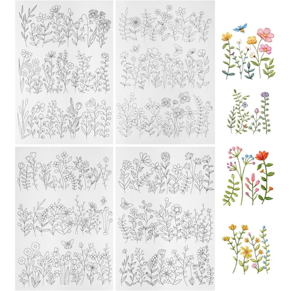 Water Soluble Embroidery Stabilizer, 4 Sheets Water Soluble Stabilizer for Embroidery Patterns Stick and Stitch Embroidery-Paper Designs Transfer Paper with Pre-Printed Flower Leave for Hand Sewing
