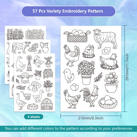 Water Soluble Embroidery Stabilizer with Farm Animal Patterns 4 Sheets 57pcs