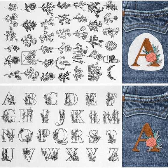 Water Soluble Floral Stitch & Sew Kit - Embroidery Patterns for Beginners with Printed Designs for Towels Linens Clothes Decorative Borders