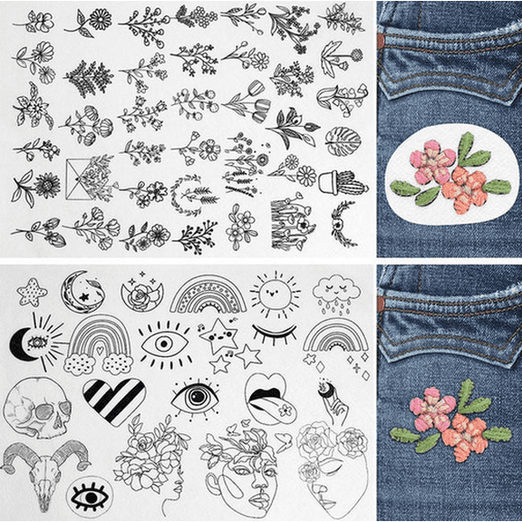 Water Soluble Floral Stitch & Sew Kit - Embroidery Patterns for Beginners with Printed Designs for Towels Linens Clothes Decorative Borders