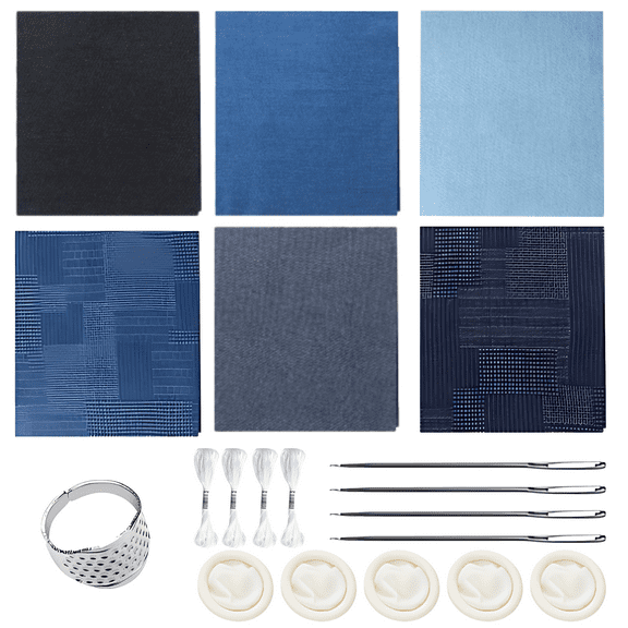 Water Soluble Sashiko Embroidery Kit, Japanese Quilting with Self-Adhesive Pattern, Includes Sashiko Thread And Needles, Pure Cotton Cloth for Beginner Hand Quilting, Mending