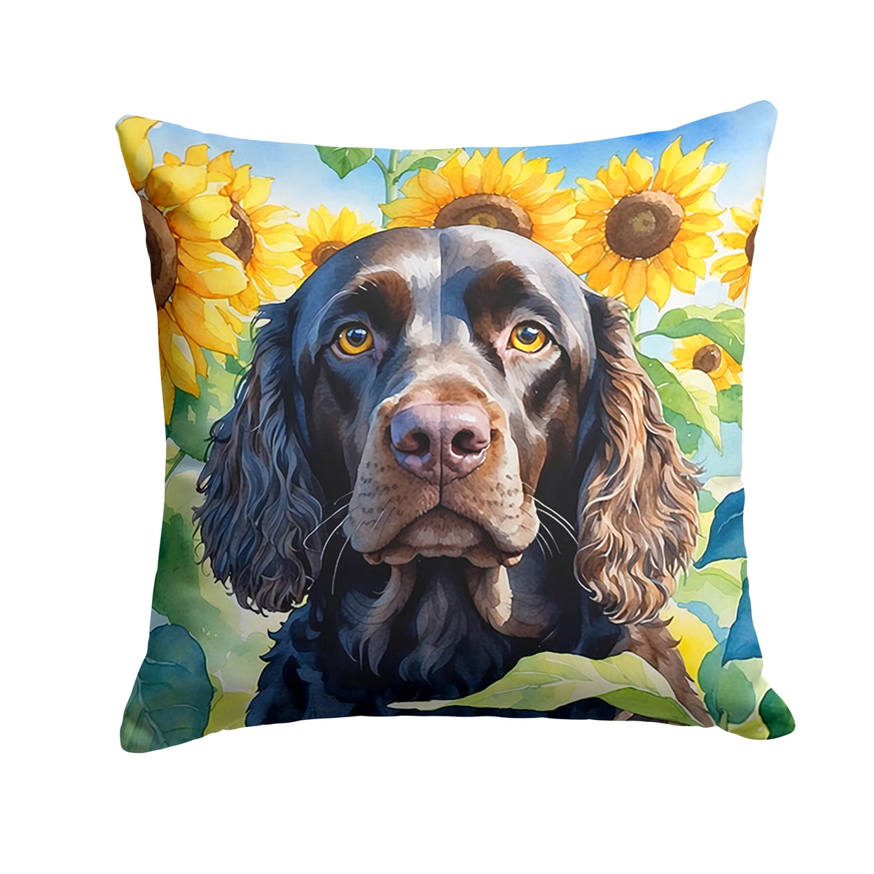 Water Spaniel in Sunflowers Throw Pillow 18 in x 18 in