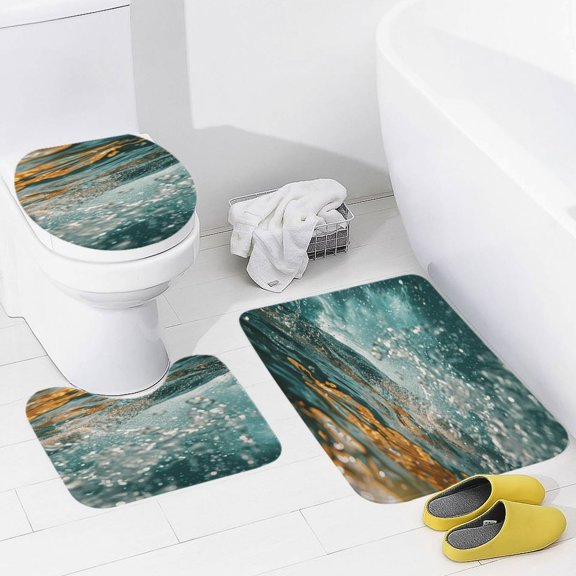 Water Splash Ripple 3 Pieces Bath Mats Set, Non-Slip Washable Cover Floor Rug Decorations for Kitchen Bathroom Bedroom