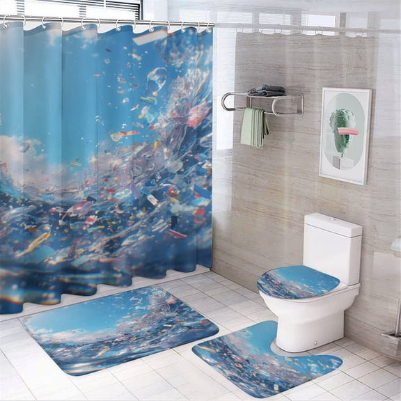 Water Splash Ripple 4Pcs Shower Curtain Set Shower Curtain Set with Carpet Bath Mat