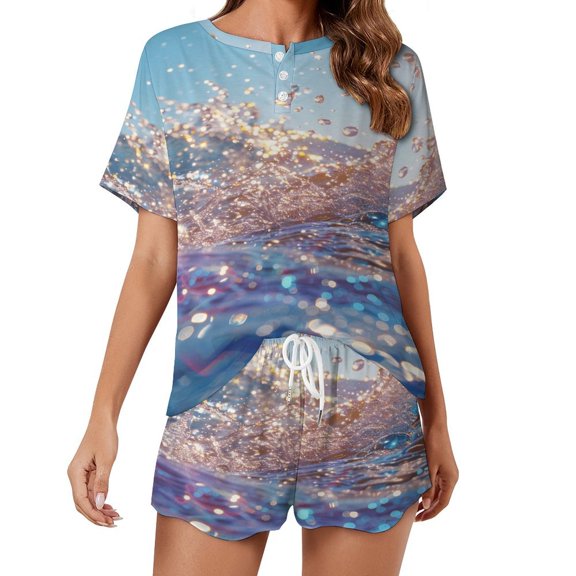 Water Splash Ripple Pajama Set for Women 2 Piece Sleepwear Loungewear Short Sleeve