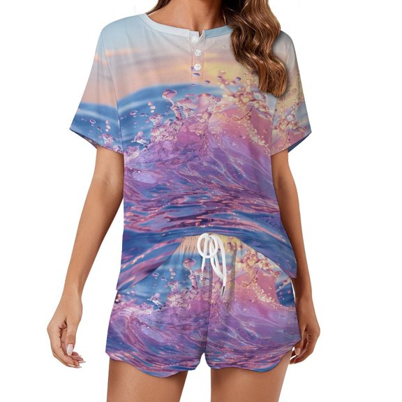 Water Splash Ripple Pajama Set for Women 2 Piece Sleepwear Loungewear Short Sleeve