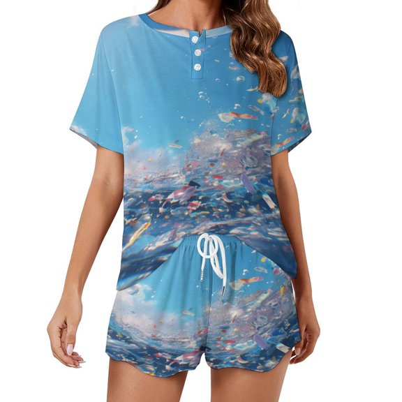 Water Splash Ripple Pajamas Set Womens Loungewear Sleepwear 2 Piece PJ Sets