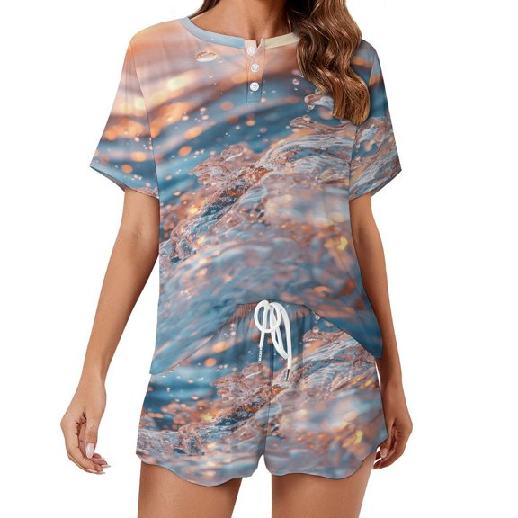 Water Splash Ripple Pajamas Set Womens Loungewear Sleepwear 2 Piece PJ Sets