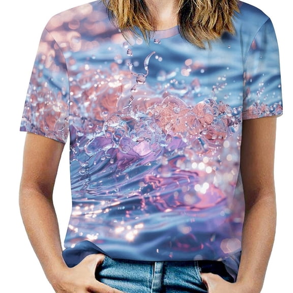 Water Splash Ripple Women's Short Sleeve T-Shirt Crew Neck Casual Summer Trendy Loose Fit Tops