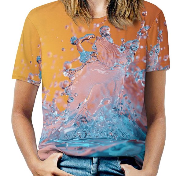 Water Splash Ripple Womens Tops Women's Fashion Casual Short Sleeve Flower Print Round Neck Pullover Top Blouse