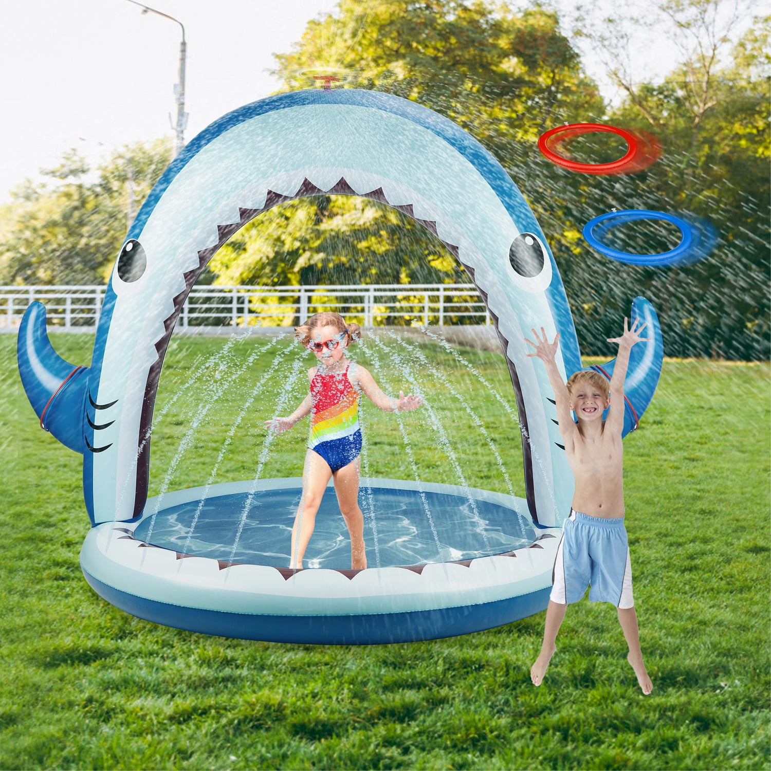 Water Sprinkler for Kids, 4-In-1 Shark Inflatable Water Toys for Outdoor Play, Pool Summer Fun Backyard Water Sprinkler Spray Toy for Toddlers Boys, Girls, Children