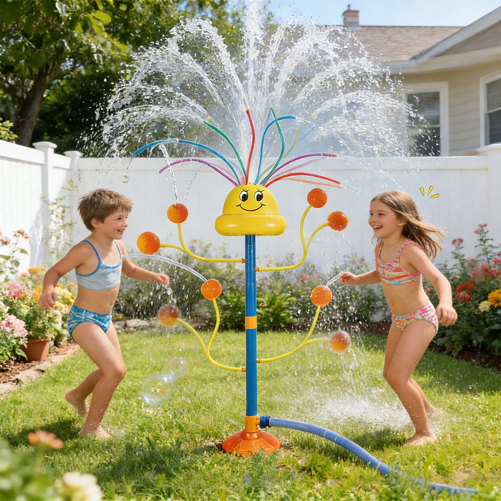 Water Sprinkler Outdoor Yard Toy for Adults,Smile Face Rainbow Splash Toy with 8 Wiggle Tubes 4 Nozzle,Backyard Lawn Water Sprinkler,Summer Family Games,Fun Water Toys for 3-8