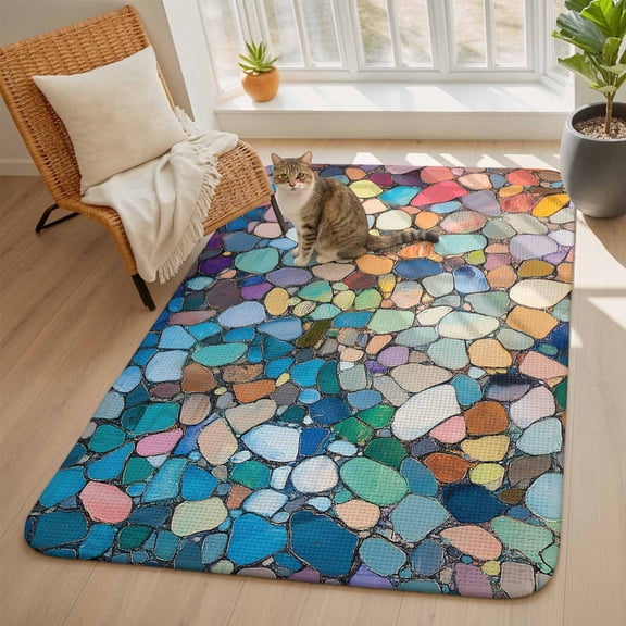 Water Stone Area Rugs for Living Room 5x6, Oil Painting Colorful Stone Abstract Washable Area Rug with Non Slip Backing, Stain Resist Linen Carpet for Bedroom, Dining Room, Entryway, Entrance