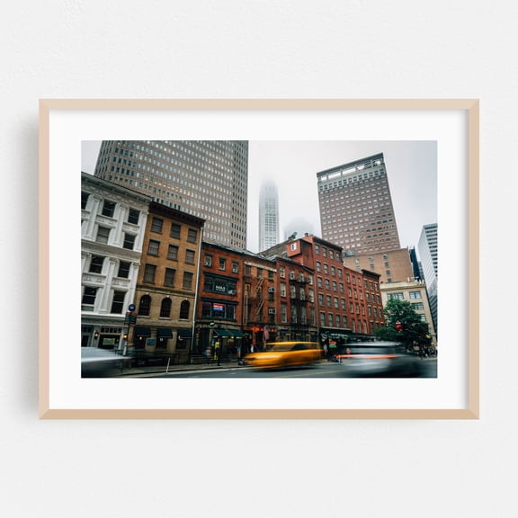 Water Street - Manhattan New York Photography City Architecture Street Photography Skyline Travel Poster Vintage Oak Framed Wall Art Print 5 x 7 inches
