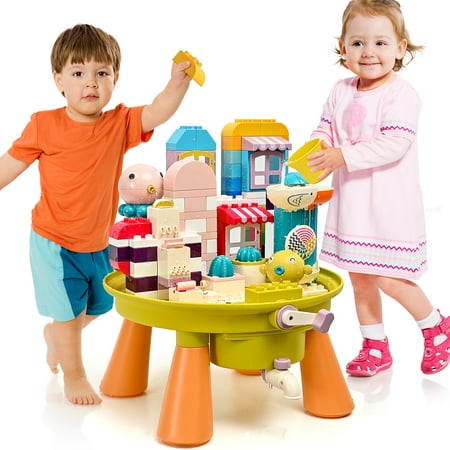 Water Table Building Block- 2-in-1 Water Table & Building Block Activity Set for Kids, Toddler Activity Table with Play Water,Building Blocks, Indoor & Outdoor Sensory Play Toy for Boys and Girls