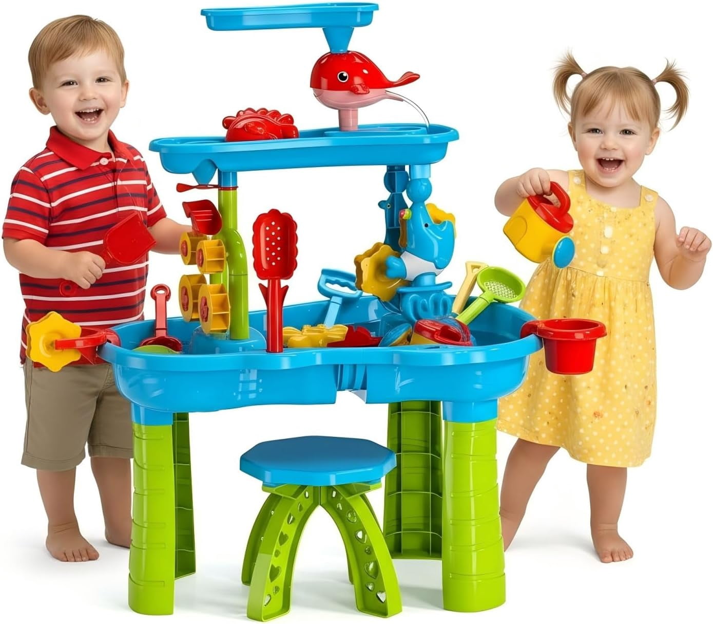 Water Table with Chair – 3-Tier Sand Water Sensory Table Toys for Toddlers & Kids Ages 3-8, Outdoor Backyard & Beach Play, Ideal Gift for Boys & Girls