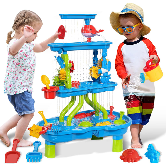 EOTVIA Kids Sand Water Table for Toddlers, 4 Tier Sand Water Play Table Toys for Toddlers Kids, Activity Sensory Tables Outside Beach Toys for Toddler Boys Girls, with Colorful Accessories