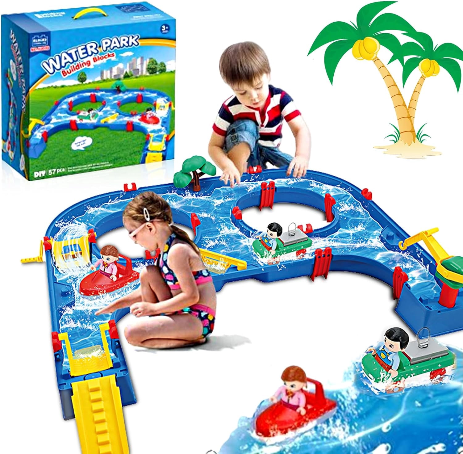 Water Table for Toddlers 3-5, Water Park Playset, Waterway Toy with 2