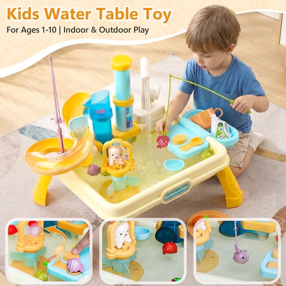 Fishing Water Table for Toddlers,4 in 1 Sand and Water Table with Electric Faucet,20PCS Water Table Accessories,Kids Water Table,Outdoor Summer Toys Backyard Activity Sensory Play Table for Ages 1-10