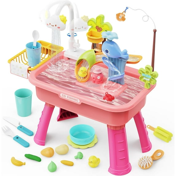 Water Table for Toddlers1-3, Water Table for Kids Ages 4-8 with Pump, Play Sink with Running Water, Kitchen Sink for Toddlers, Fishing Game and Outside Sensory Toys, Pink