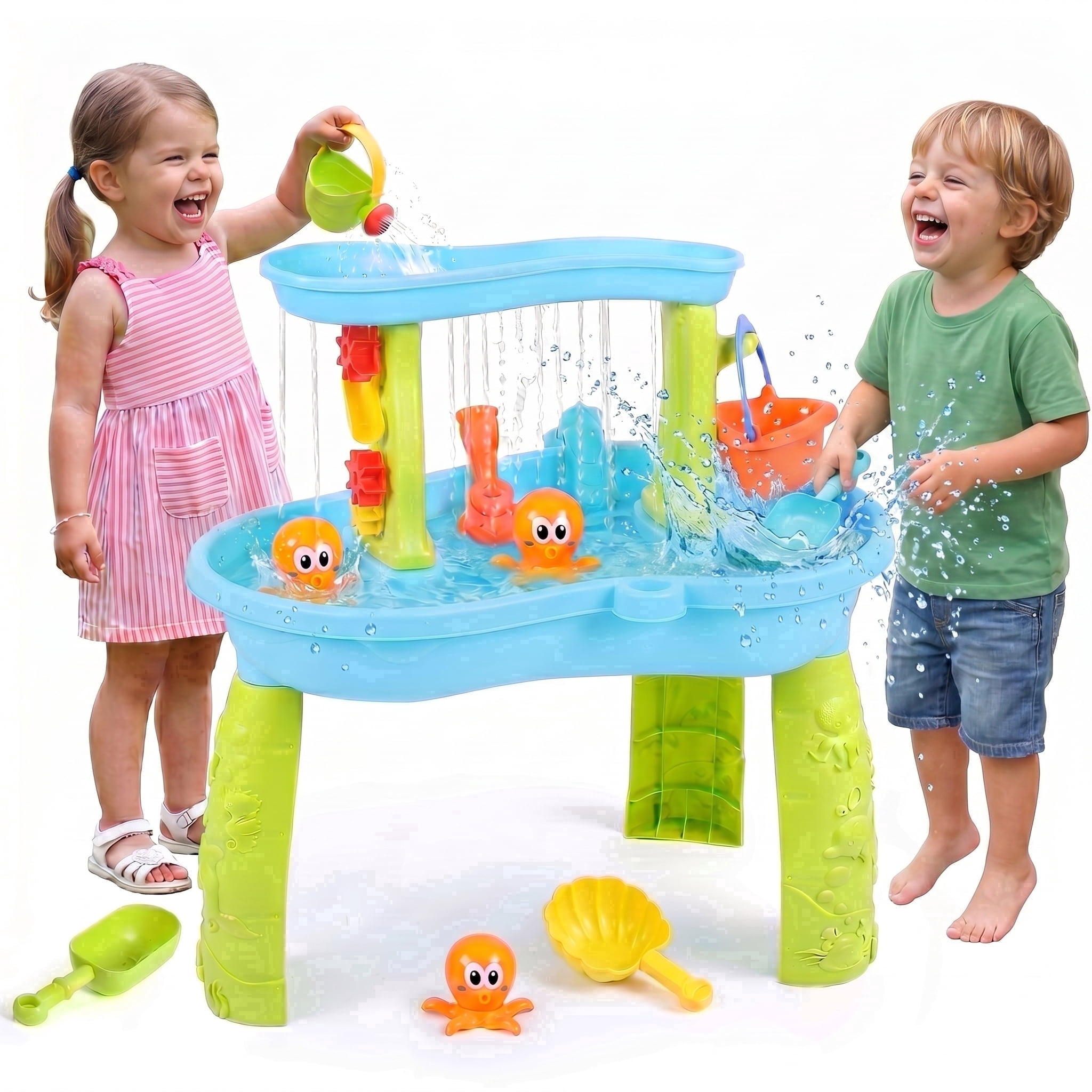 Water Tables For Toddlers, 2 In 1 Sand And Water Tables For Kids, Rain Showers Pond Water Sensory Tables Summer Outside Toys With 12 Piece Colorful Accessories, Gift For Boys Girls Kids Age 1-3 3-5