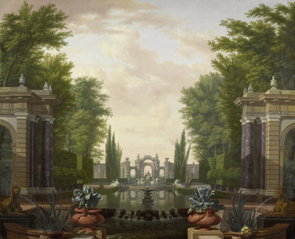 Water Terrace With Statues And Fountains In A Park Canvas Art - (24 x 18)