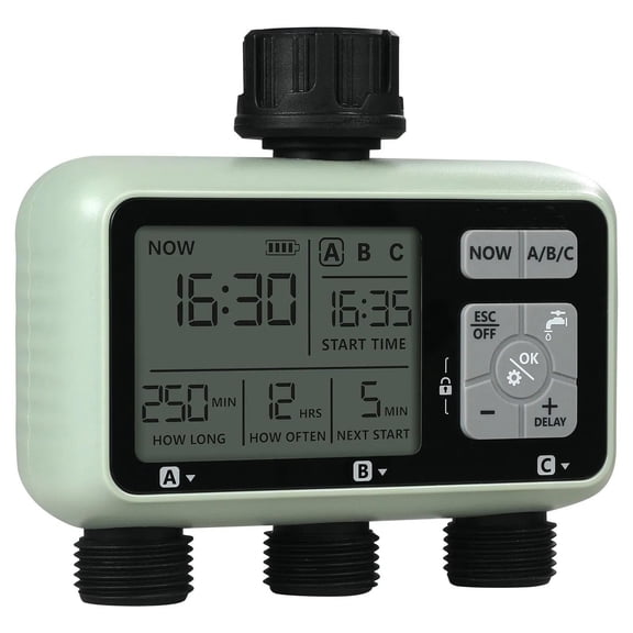 Water Timer, 3 Outlets, Hose Watering Sprinkler Timer, with 3 Independent Watering Zone LCD Display Rain Delay Mode Manual Mode for Yard Watering