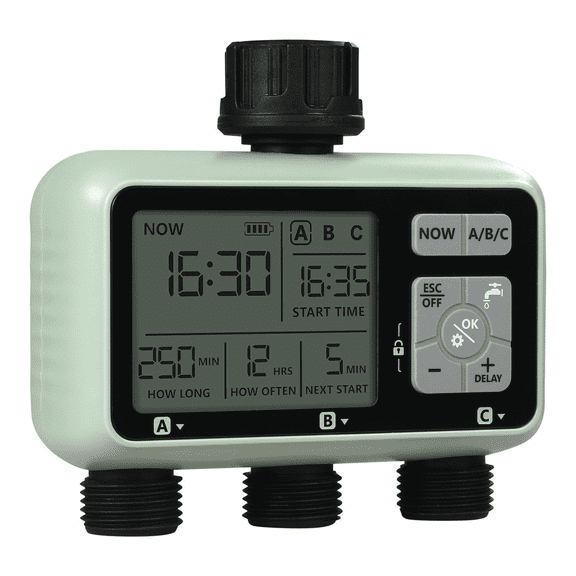 Water Timer 3 Zone, Sprinkler Timer with 3 Outlets, LCD Display, Rain Delay, Manual Mode, Brass Inlet Filter, IPX6 Waterproof for Yard Lawn Garden Irrigation