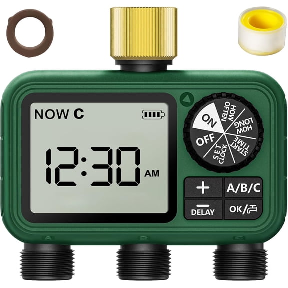 Water Timer for Outdoor Garden Hose, Sprinkler Timer for Garden Faucet with Auto/Manual/Rain Delay Mode, Sprinkler Irrigation Controller for Yard Lawn (3 Zones Brass Inlet)