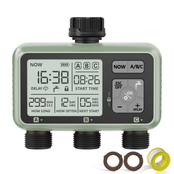 Water Timer with 3 Outlet for Garden and Lawn Programmable Irrigation Systems with Rain Delay, Manual/Automatic Modes, Low Battery Warning