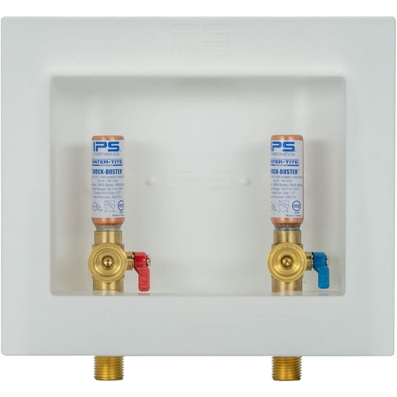 Water-Tite 85708 Econo Box Center-Drain Washing Machine Outlet Box - Quarter-Turn Brass Hammer Arrester Valves, 1/2" Sweat Connection, White Plastic CA2