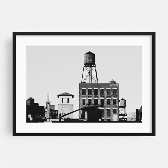 Water Towers (Black and White) - Manhattan New York Photography Black and White City Architecture Street Photography Vintage Minimalist Black Framed Wall Art Print 5 x 7 inches