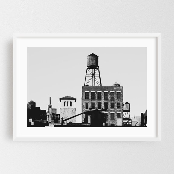 Water Towers (Black and White) - Manhattan New York Photography Black and White City Architecture Street Photography Vintage Minimalist White Framed Wall Art Print 5 x 7 inches