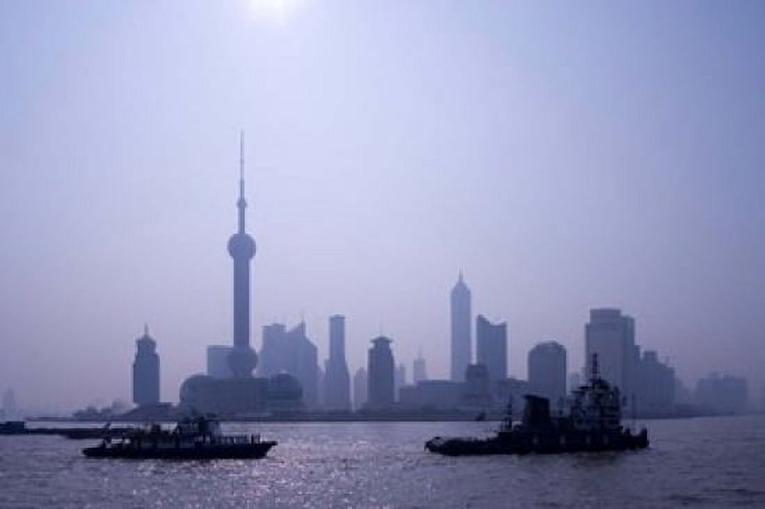Water Traffic along Huangpu River Passing Oriental TV Tower and Pudong Skyline Shanghai China Canvas Art - Paul Souders DanitaDelimont (18 x 12)