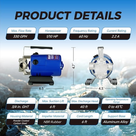 Water Transfer Pump 115V 1/10HP 330 GPH Portable Electric Utility Pump with 6ft Hose Suction Kit Drain Pools Waterbed Rain Barrel Aquarium Hot Tub