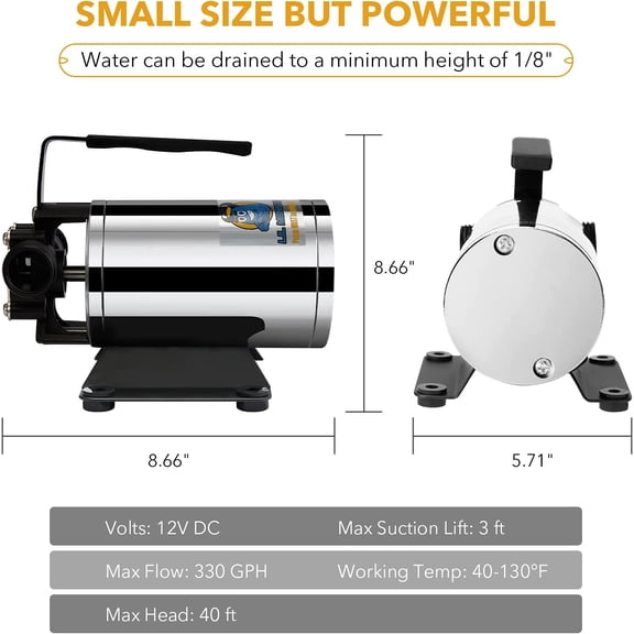 Water Transfer Pump 12V 330GPH, Auto Portable Electric Utility Water Pump Self-Priming with Suction Hose Kit