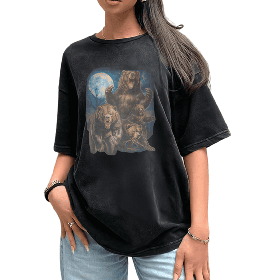 Water Washed Bear Wildlife Graphic Print Tshirt Graphic Tees Shirts Charcoal Black S-2XL Outdoor Nature Casual Short Sleeve Fashion Tops