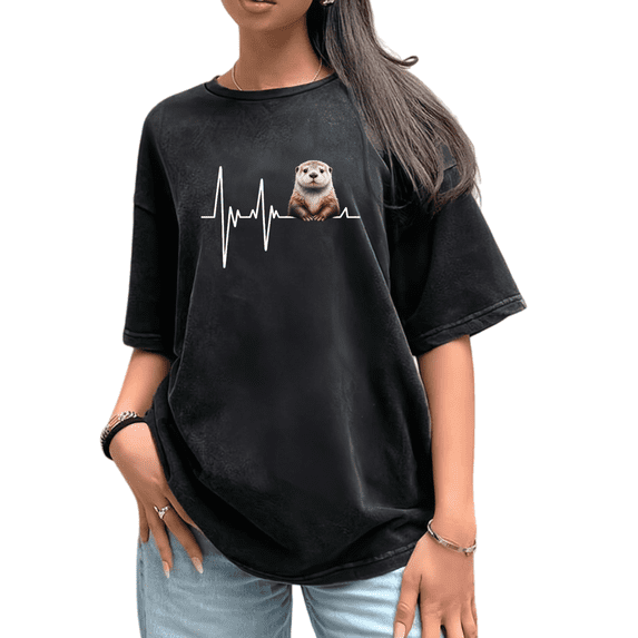 Water Washed Cute Otter Line Art Graphic Print Tshirt Graphic Tees Shirts Charcoal Black S-2XL Minimal Casual Short Sleeve Tops