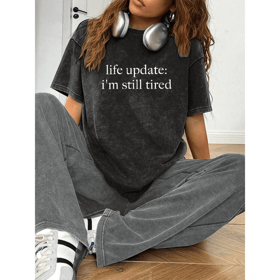 Water Washed "Life" letter graphic Cotton Tee T-shirt top Round Neck Short Sleeve Black S-2XL Plus Size