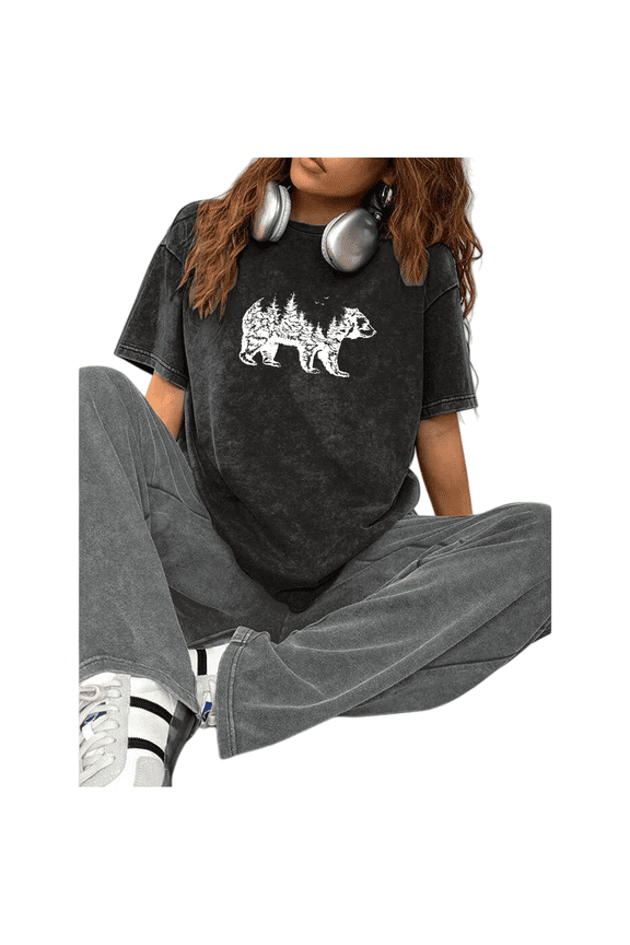 Water Washed Minimal Bear Tree Graphic Print Tshirt Graphic Tees Shirts Dark Gray S-2XL Everyday Casual Tops