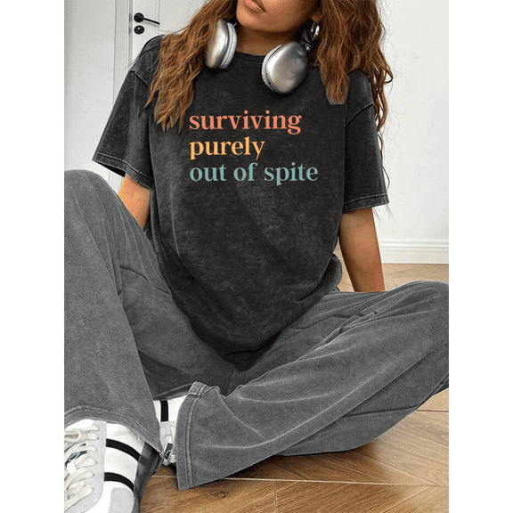 Water Washed "Survival" graphic text printed Tee T-shirt top cotton Commuting Black S-2XL Plus Size