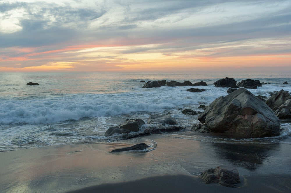 Water Washing Up On The Beach Around The Rocks At Sunset Sayulita Mexico Canvas Art - Keith Levit Design Pics (19 x 12)