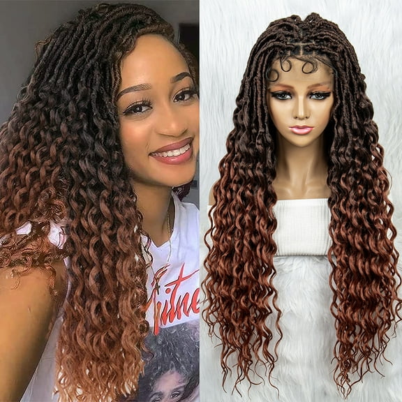 Water Wave Full Lace Synthetic Braided Wigs with Baby Hair for Black Women 34 Inches Lace Frontal Knotless Box Braiding Wig with Curly (1B/350 Color)