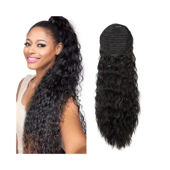 Water Wave Ponytail Human Hair Drawstring Pony Tail Clip in Curly Remy Hair Extensions Natural Black  for Women